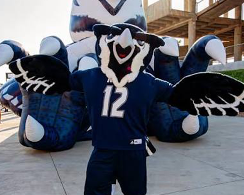 Sammy the owl in front of an inflatable owl